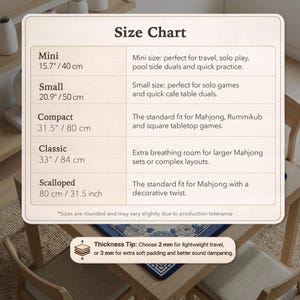 May include: Size chart for Mahjong game mats. Includes measurements for Mini (15.7 inches/40 cm), Small (20.9 inches/50 cm), Compact (31.5 inches/80 cm), Classic (33 inches/84 cm), and Scalloped (31.5 inches/80 cm). Thickness tip: 2 mm for travel, 3 mm for padding.
