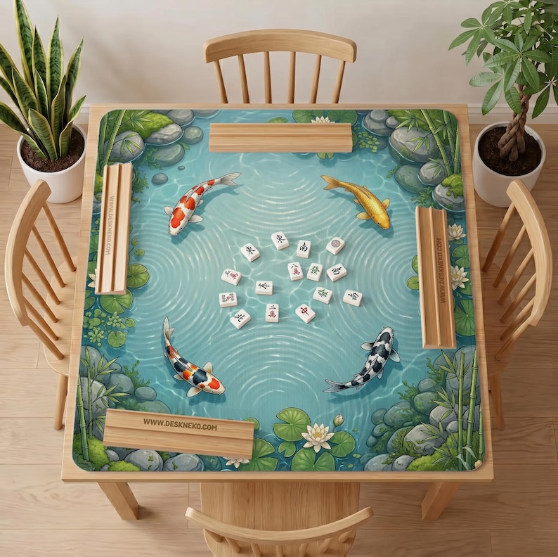 May include: A square mahjong mat featuring a pond scene with four koi fish, lily pads, and rocks. The center displays scattered white mahjong tiles with black and red characters. Four wooden tile racks are positioned along the edges of the mat.