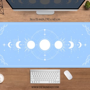 Light blue Desk mat moon phases, Cute Mousepad, Pastel goth neutral baby plain simple, large RGB LED Gaming Mouse pad XXL aesthetic deskmat