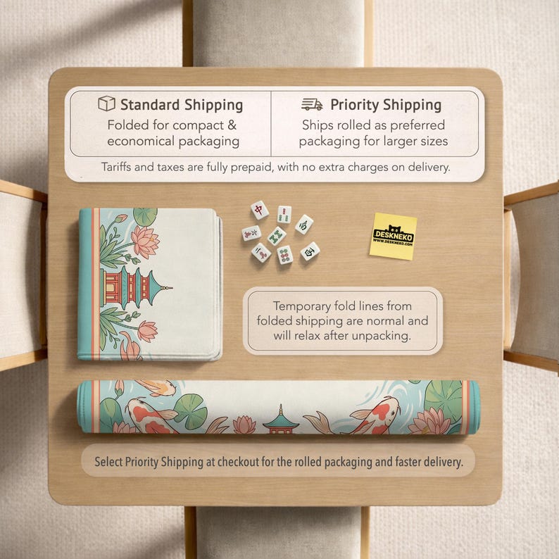 May include: A desk mat with a koi fish and pagoda design, along with a matching folded mat and a set of Mahjong tiles. The desk mat is rolled up, and the folded mat is open. The text "DESKNEKO" is visible.