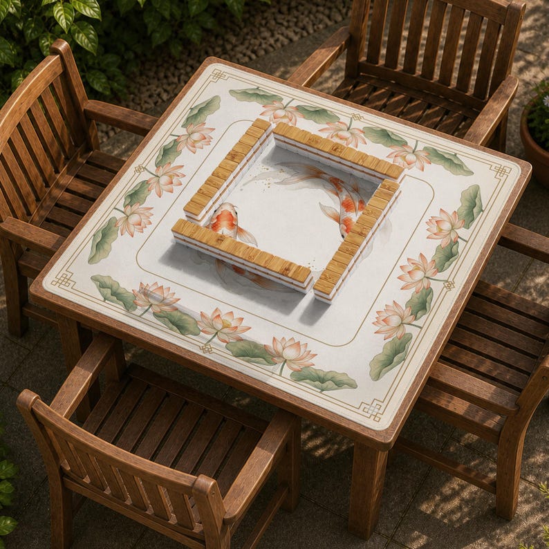 May include: Square wooden outdoor table with a decorative top featuring koi fish and lotus flowers. The table is surrounded by four wooden chairs. The table's top has a square inset with wooden blocks.
