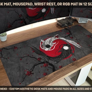 May include: A rectangular desk mat with a Yin and Yang koi fish design. The mat features a dark gray background with a red circle and black branches with red flowers. The text "DESK MAT, MOUSEPAD, WRIST REST, OR RGB MAT IN 12 SIZES" is at the top.