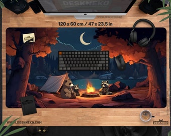 Cute Forest Desk Mat, Kawaii Mousepad Lo-Fi Aesthetics, Lofi chill nature wallpaper, Anime Bear Cat Raccoon, xxl extended gaming mouse pad