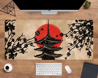 Japanisches Mauspad, XXL-Gaming-Schreibtischunterlage, Schreibtischzubehör, XL-Motiv: Japanische Landschaft mit Tempel, Kirschblüten, aufgehende Sonne, Bushido, großes Mauspad