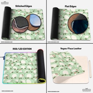 May include: A collection of mouse pads with a repeating pattern of cartoon frogs in light green. The mouse pads have different edge styles: stitched, flat, and RGB/LED. One pad is made of vegan/faux leather. The mouse pads are rolled up to show the underside.