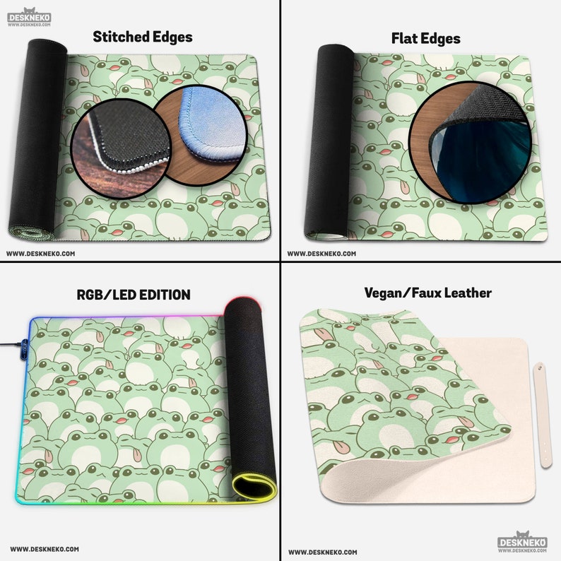 May include: A collection of mouse pads with a repeating pattern of cartoon frogs in light green. The mouse pads have different edge styles: stitched, flat, and RGB/LED. One pad is made of vegan/faux leather. The mouse pads are rolled up to show the underside.