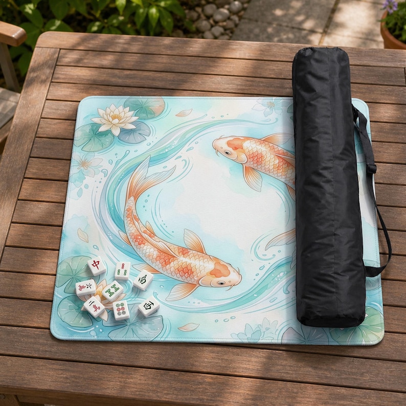 May include: A square mahjong mat featuring a light blue watercolor background with two orange koi fish swimming in a circle, surrounded by white lotus flowers and green lily pads, accompanied by a black carrying case and several mahjong tiles.