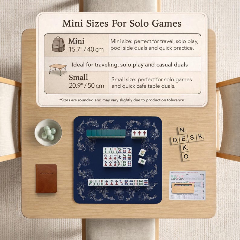Puede incluir: Una mesa de madera exhibe un mini juego de Mahjong sobre una alfombra azul marino con dise&ntilde;os de peces. El juego incluye fichas, dados y un peque&ntilde;o cuaderno marr&oacute;n. El texto en la mesa dice "Mini Sizes For Solo Games".