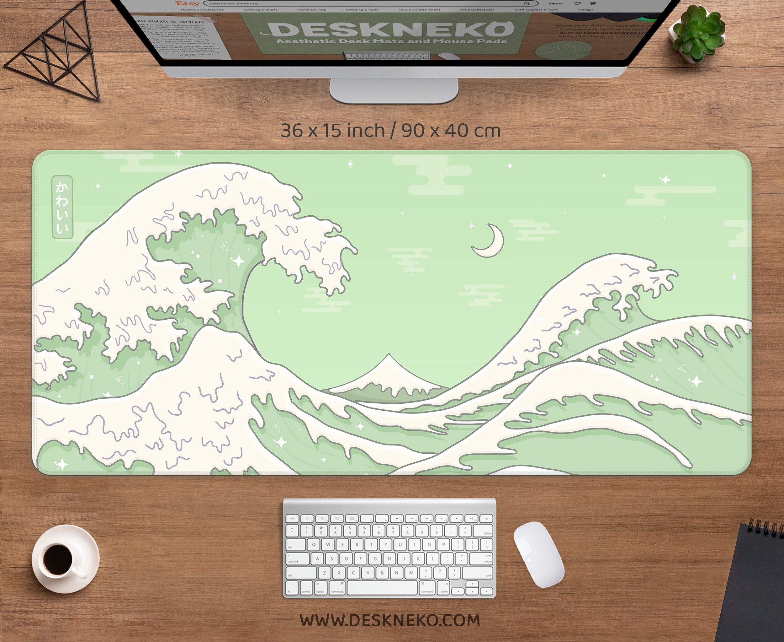 Matcha Green Mousepad Great Wave, Kawaii Desk Mat Japanese Ocean