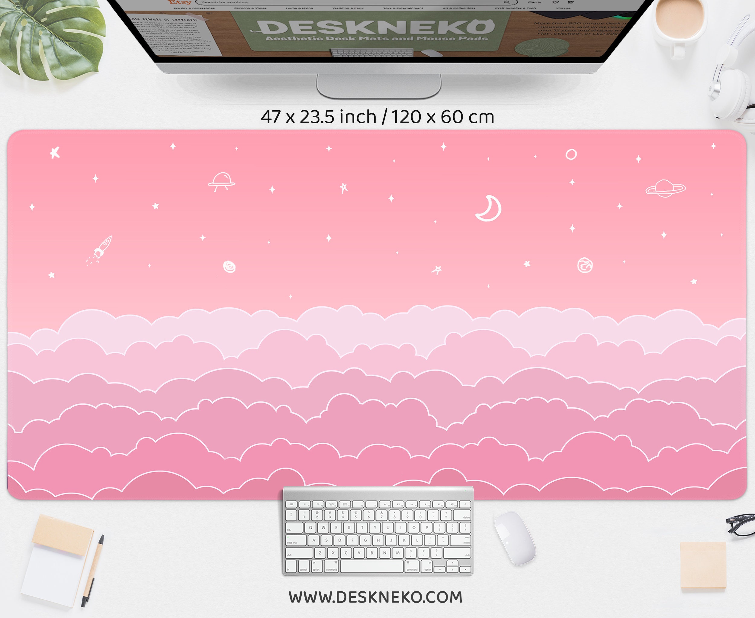 Kawaii Desk Mat Pink, Cute Mouse Pad Aesthetic, Pastel Clouds Sky ...
