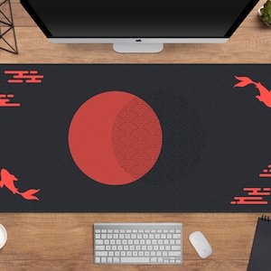 Japanese Desk Mat, Black and Red Gaming Mousepad xl, Tokyo Kyoto Japan geometric art, rising sun desk pad, extra large gaming mouse pad