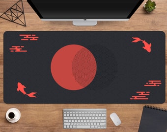 Japanese Desk Mat, Black and Red Gaming Mousepad xl, Tokyo Kyoto Japan geometric art, rising sun desk pad, extra large gaming mouse pad