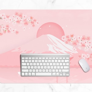 Cherry Blossom desk mat, Japanese mt Fuji landscape Aesthetics mouse pad, minimal kawaii pastel pink Sakura tree, Gaming mousepad 6 sizes image 6