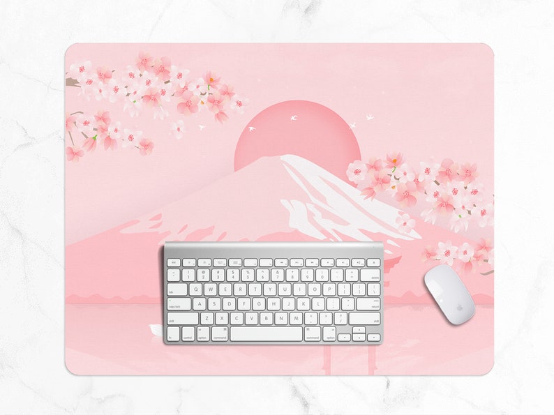 Cherry Blossom desk mat, Japanese mt Fuji landscape Aesthetics mouse pad, minimal kawaii pastel pink Sakura tree, Gaming mousepad 6 sizes image 6