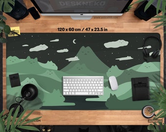 Green Desk Mat Cat hills, Large Mousepad, minimalist abstract nature art, Extended office matt, keyboard pc deskmat, computer mouse pad xxl