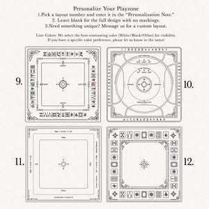 May include: A selection of four Mahjong playzone layouts, each with a unique design. The layouts are numbered 9, 10, 11, and 12. The text "Personalize Your Playzone" is at the top, with instructions for customization. The designs are in black and white.