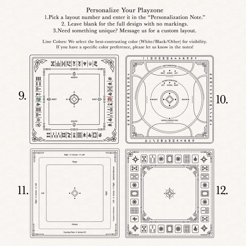 May include: A selection of four Mahjong playzone layouts, each with a unique design. The layouts are numbered 9, 10, 11, and 12. The text "Personalize Your Playzone" is at the top, with instructions for customization. The designs are in black and white.