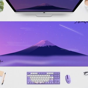 Fuji Deskmat purple, Japanese Mountain Mousepad XL, Extra Large gaming desk pad, xxl mouse pad, Cute kawaii mt fuji purple nature desk mat