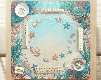 May include: A wooden mahjong table with a marine-themed design. The table features a light blue ocean scene with starfish, seashells, and coral. Includes mahjong tiles, dice, and other game pieces. The brand name "DESKNEKO" is visible.