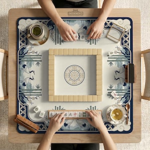 Tapete de Mahjong, tapete de mesa de Mahjong, tapete de juego de mesa de bambú con grullas de estilo chinoiserie, tapete de neopreno azul marino y crema para fichas Riichi chinas americanas