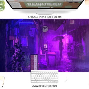 Lofi-bureaumat anime, paarse muismat Japans steegje, lo-fi esthetische vaporwave neonreclame straat, XXL grote rgb led gaming-bureaumat muismat