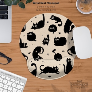 Katze Mousepad niedlich, Schwarze Katzen Mauspad mit Handballenauflage, weiche Ergonomische Tastatur matt, Beige Schreibtischunterlage groß, Kawaii Anime Schreibtischunterlage Mousepad