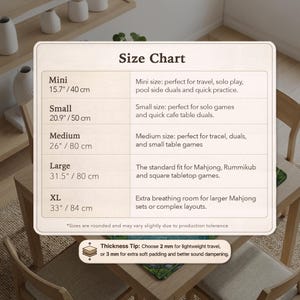 May include: A rectangular size chart for game mats with five categories: Mini at 15.7 inches, Small at 20.9 inches, Medium at 26 inches, Large at 31.5 inches, and XL at 33 inches. A thickness tip indicates options of 2 mm or 3 mm for padding.