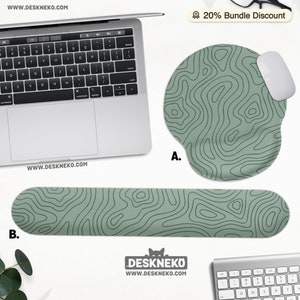 Green Mouse Pad with Wrist Rest, Sage green Ergonomic Mousepad, xl Keyboard Hand Support pad, Topo Topographic contour, Desk Accessory gift