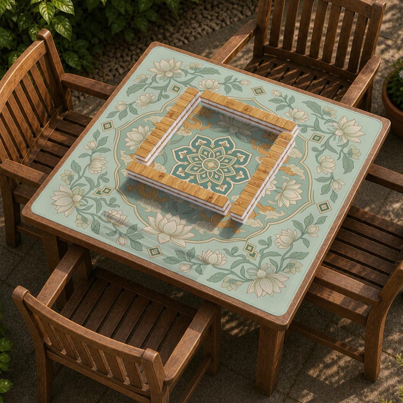May include: A square wooden table with a light green surface featuring a white lotus flower pattern and a central mandala design. A square arrangement of light brown bamboo tiles is placed in the center of the table, surrounded by four wooden chairs.