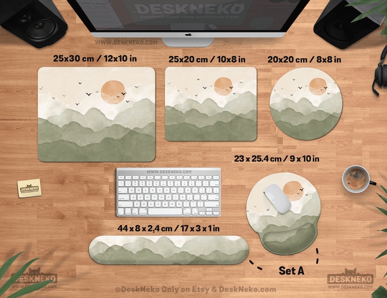 May include: A set of desk accessories with a watercolor landscape design. Includes a large 12x10 in mouse pad, a 10x8 in mouse pad, an 8x8 in round mouse pad, a 9x10 in mouse pad with wrist support, and a 17x3x1 in wrist rest.