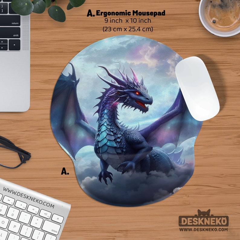 May include: Ergonomic mousepad with a dragon design. The mousepad is 9 inches by 10 inches and features a detailed illustration of a blue and purple dragon with red eyes against a cloudy sky background. Includes the text "A. Ergonomic Mousepad".