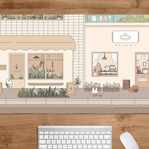 Cute Mousepad Kawaii Desk Mat, Kawai bakery flower shop, Japanese lofi anime aesthetics, xxl lo-fi Japan gaming deskmat xxl stitched edges