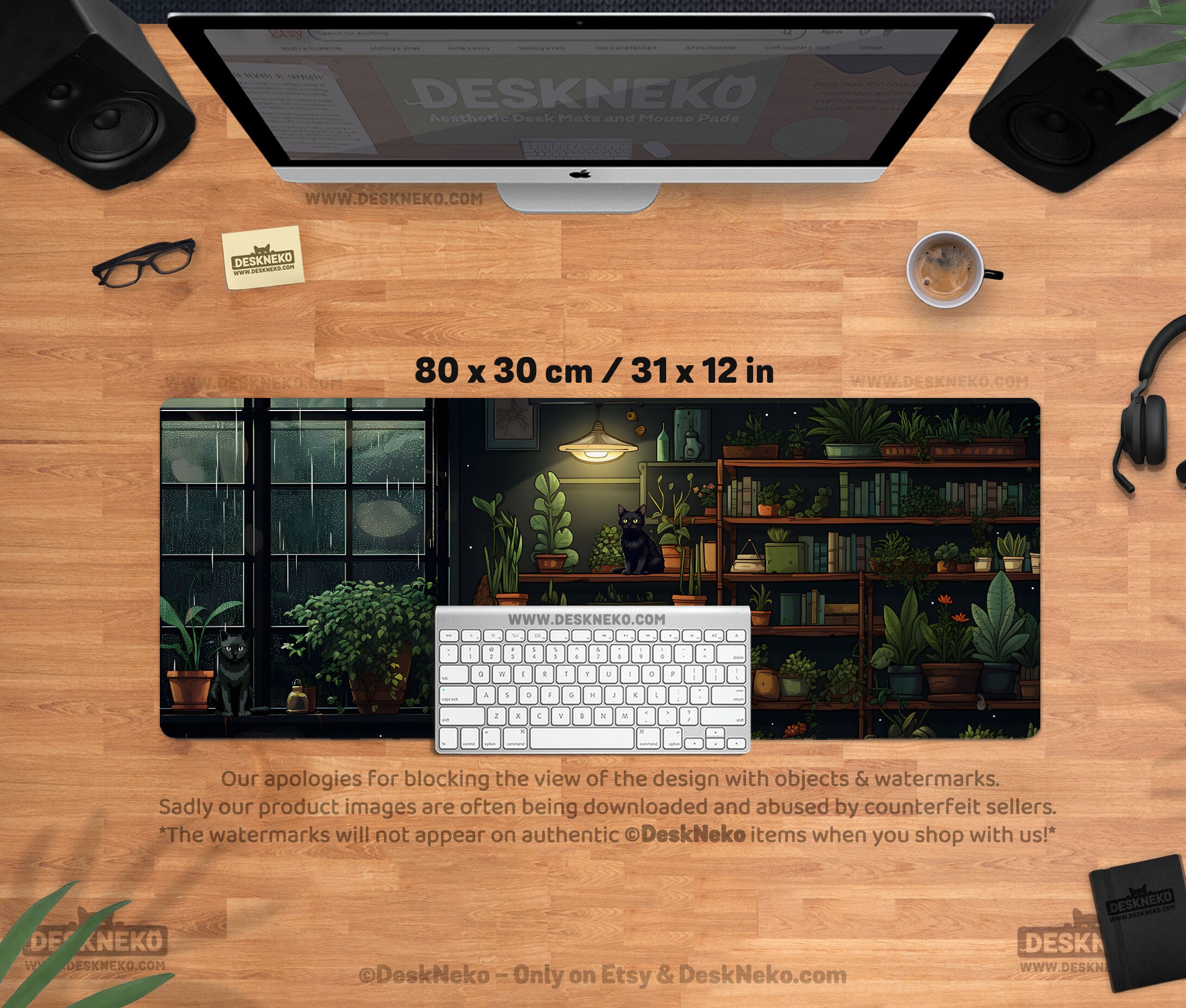 Cozy Desk Mat Mousepad, Large Mouse Pad Lofi Cat Aesthetic, Dark Green ...