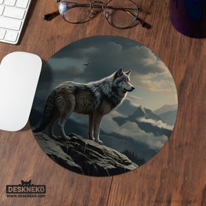 Grey Wolf Mouse Pad, Wild Nature Mousepad, Ergonomic Keyboard Wrist Rest, Deskmat mouse mat small round, Mountain Desk Decor Accessory gift