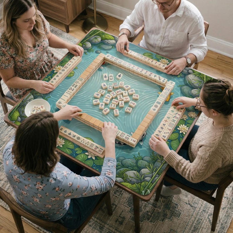 Koi Fish Mahjong Mat, American Game Table Mat, Aqua Lotus Tile Play Surface, Elegant Board Game Night Gift, Mahjongg Table Decor image 5