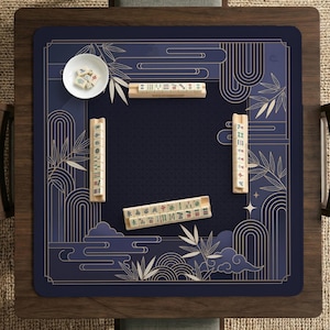 Tapete de Mahjong em Bambu Azul Marinho, Tapete de Jogo Art Déco, Protetor de Mesa Elegante para Jogos de Tabuleiro, Presente Ideal para Viagens, Inspirado no Estilo Japonês