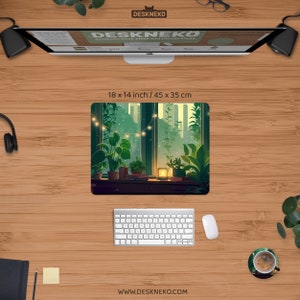 May include: Aesthetic desk mat with a nature scene featuring a window view with plants, fairy lights, and a warm glow. The mat measures 18 x 14 inches. A keyboard and mouse are below the mat, with a computer monitor above.