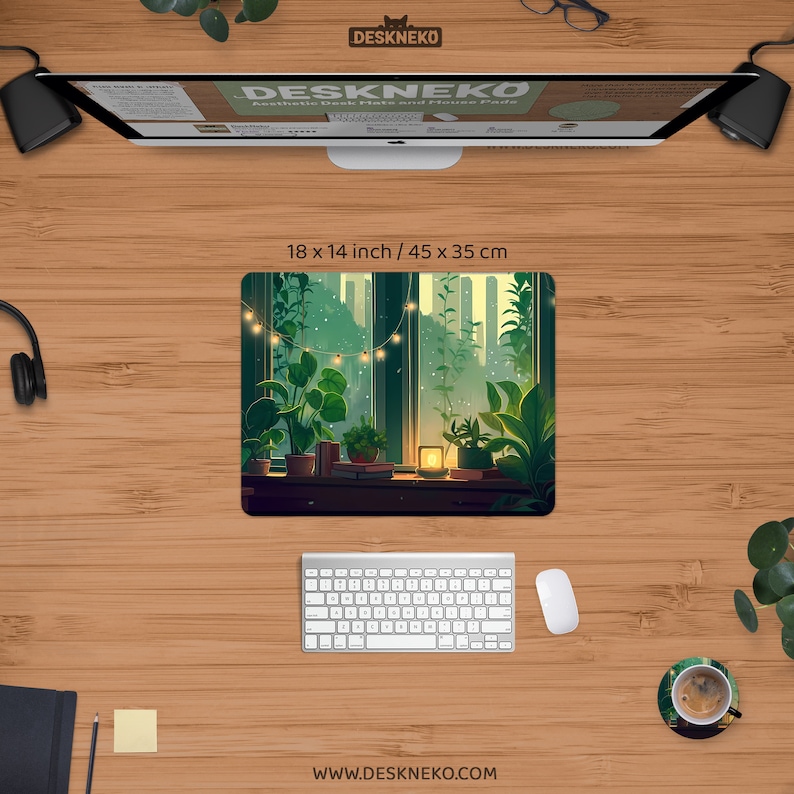 May include: Aesthetic desk mat with a nature scene featuring a window view with plants, fairy lights, and a warm glow. The mat measures 18 x 14 inches. A keyboard and mouse are below the mat, with a computer monitor above.