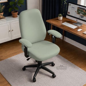 May include: A light green office chair with a black base and armrests. The chair is on a light gray rug. The chair has a high back and adjustable armrests. The wheels are black. The chair is in a home office setting.