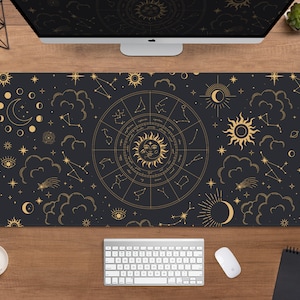 Constellation Desk Mat Astrology Mousepad xl, Gold Black zodiac wheel, space galaxy stars moon, XXL large astrology gaming deskmat mouse pad