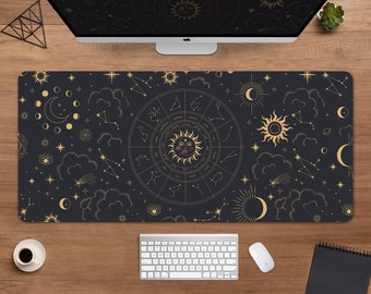 Sternbild-Schreibtischunterlage, Astrologie-Mauspad XL, Gold-Schwarz-Tierkreis, Weltraum, Galaxie, Sterne, Mond, XXL-große Astrologie-Gaming-Schreibtischunterlage mit Mauspad