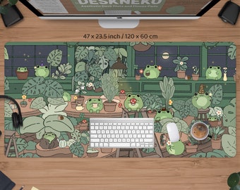 Frogs Desk Mat cute, Green Mousepad kawaii, Smol anime animal characters, Extended keyboard matt, Led mouse pad XL, XXL gaming deskmat gift