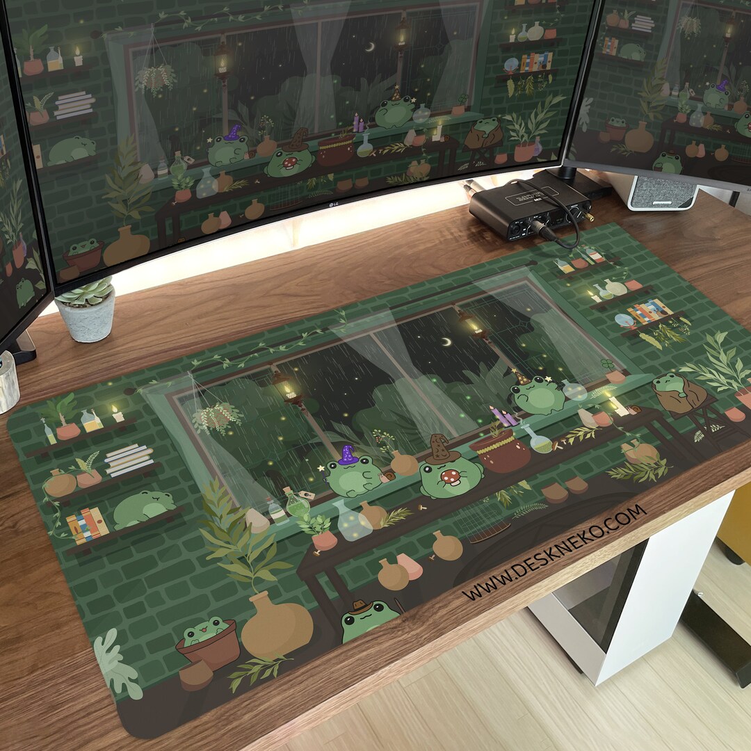 Frogs Desk Mat Green, Large Mousepad Cute, Witchy Magic Cottagecore