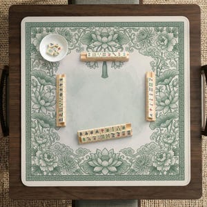 Puede incluir: Una mesa de juego de Mahjong cuadrada con un dise&ntilde;o floral verde y blanco. La mesa presenta un marco de madera y una superficie de juego con motivos de loto y peon&iacute;as. Varias fichas de Mahjong y un peque&ntilde;o cuenco con dados est&aacute;n dispuestos sobre la mesa.