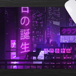 Purple Neon City Gaming Mousepad, Japanese Desk Mat Tokyo Street, XXL ...