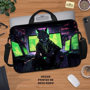 May include: Black laptop bag featuring a digital art design of a wolf-like character in a tech-themed environment with green and purple accents. The bag has a black shoulder strap and handle. Text on the bag reads "DESIGN PRINTED ON BOTH SIDES!"
