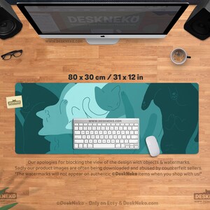Teal Cats Desk Mat Mouse Pad, Green Mousepad Cute, Kawaii Cat Deskmat xl, Extra Large XXL, Extended table matt led, Aesthetic Office Decor 80x30cm / 31″ x 12″ inches