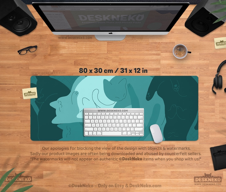Teal Cats Desk Mat Mouse Pad, Green Mousepad Cute, Kawaii Cat Deskmat xl, Extra Large XXL, Extended table matt led, Aesthetic Office Decor 80x30cm / 31″ x 12″ inches