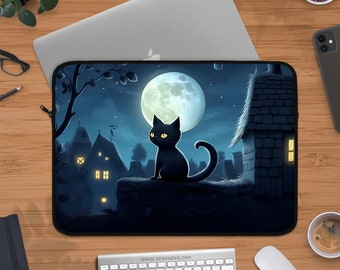 Witchy Cat Laptop Sleeve, Cute Laptop Bag, shoulder tote strap handle, Halloween cover for ipad/macbook pro 10 12 13 14 15 15.6 16 17 inch