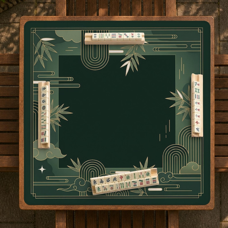 Pode incluir: Um tabuleiro de jogo de Mahjong quadrado com uma superf&iacute;cie de jogo verde escuro e uma moldura de madeira. O tabuleiro apresenta desenhos de bambu e nuvens em ouro e verde claro. V&aacute;rias fileiras de pe&ccedil;as de Mahjong s&atilde;o colocadas ao redor do tabuleiro.
